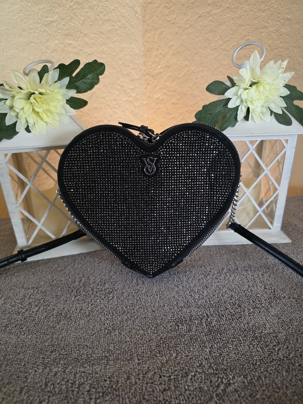 Victorias Secret Black Heart-Shaped Crossbody Bag with Crystal Detailing